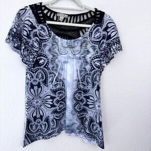 Energe Womens T Shirt Top Size S Y2K Rhinestone Lace Burnout Lightweight White